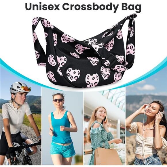 Mini Crescent Bag with Adjustable Strap, 2 Zippers Lightweight Nylon Bag - Black - Picture 6 of 6